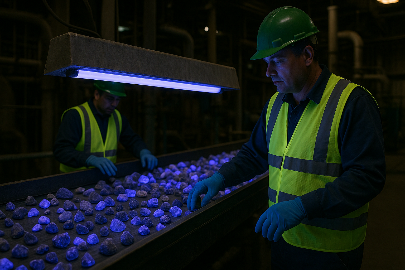 Manual sorting and quality inspection of fluorspar lumps at Elite Fluor
